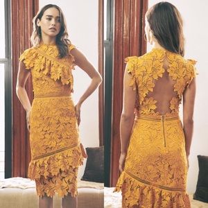 SAYLOR Reine mustard yellow lace sheath midi dress